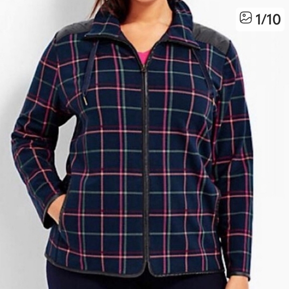 Talbots Jackets & Blazers - TALBOTS Pink & Green Tattersall Plaid Navy Fleece Field Jacket | SZ L